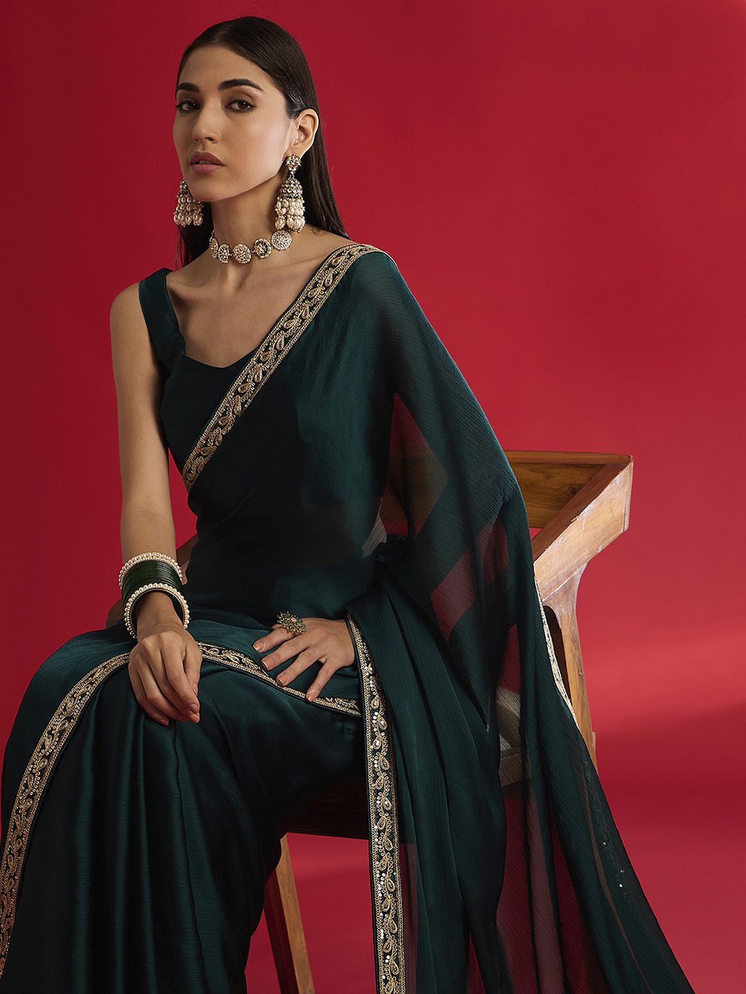 

Mitera Sequinned Embellished Satin Saree, Teal