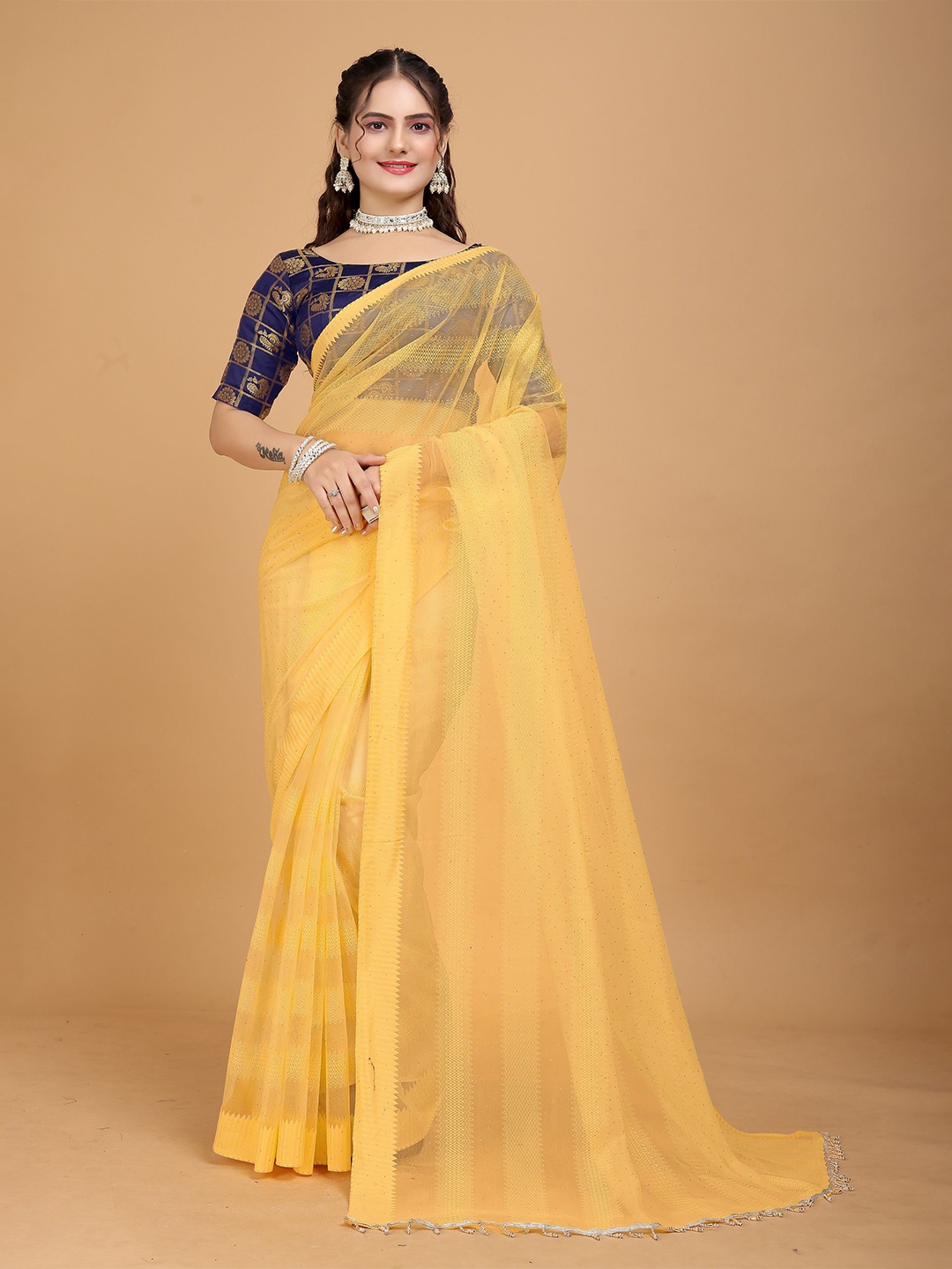 

JSItaliya Embellished Beads and Stones Brasso Saree, Mustard