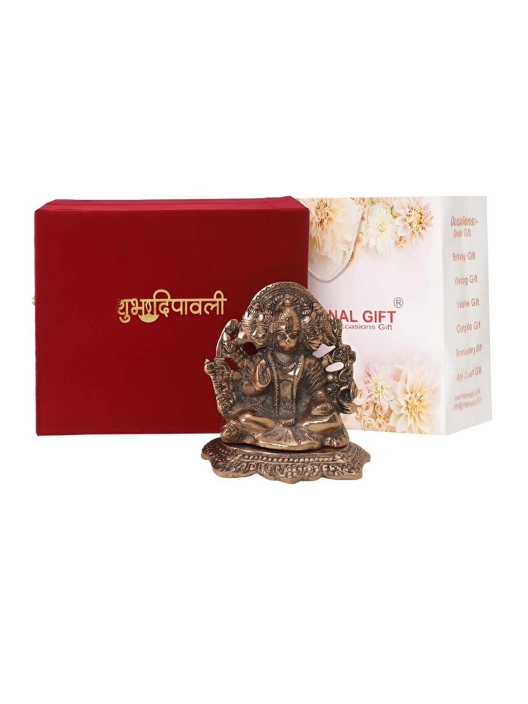 

INTERNATIONAL GIFT Panchmukhi Hanuman idol, velvet Box, Carry Bag, & Happy Diwali Tag, Copper