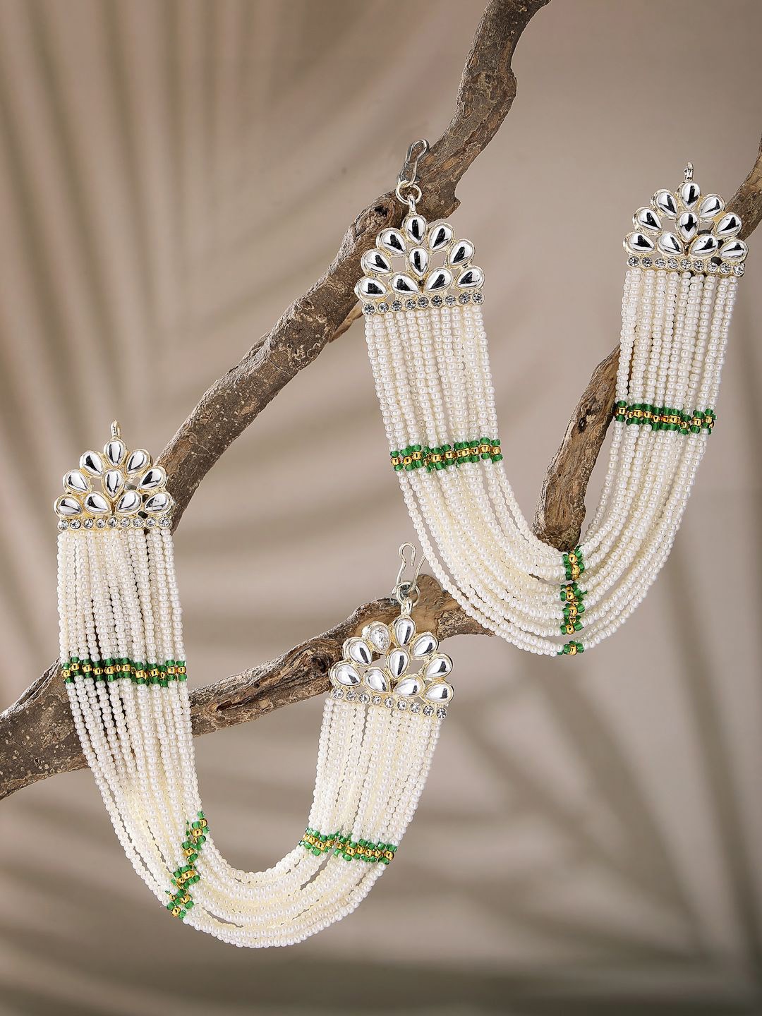 

ZENEME Gold Plated Classic Kundan Studded Chain Earrings, Green