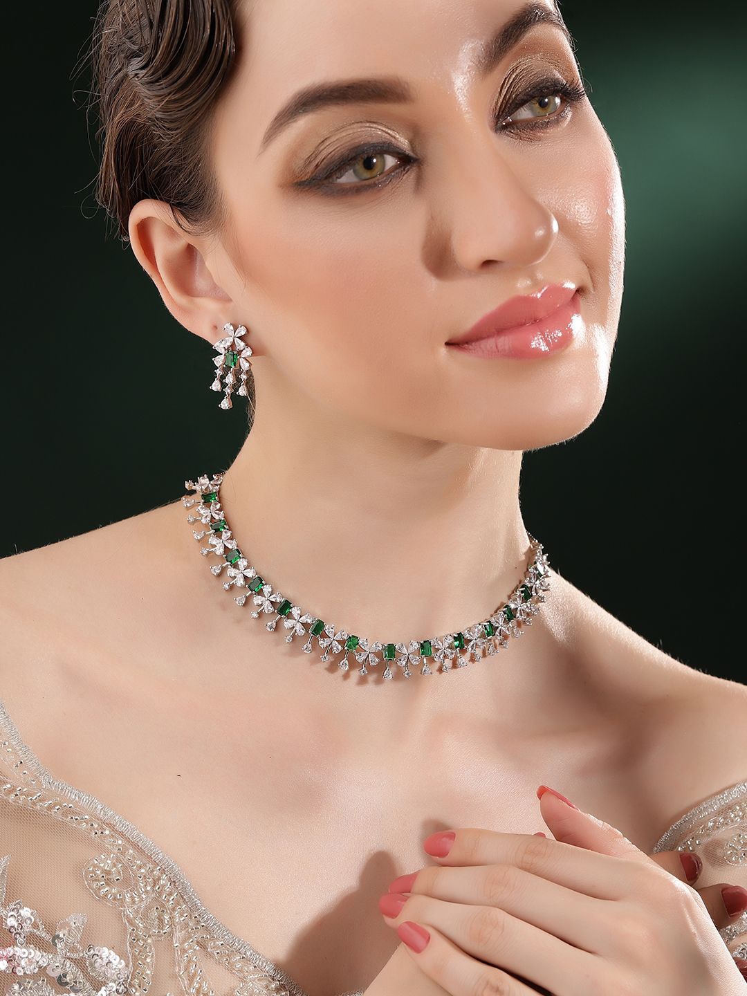 

Priyaasi Silver-Plated Emerald & American Diamond Studded Jewellery Set