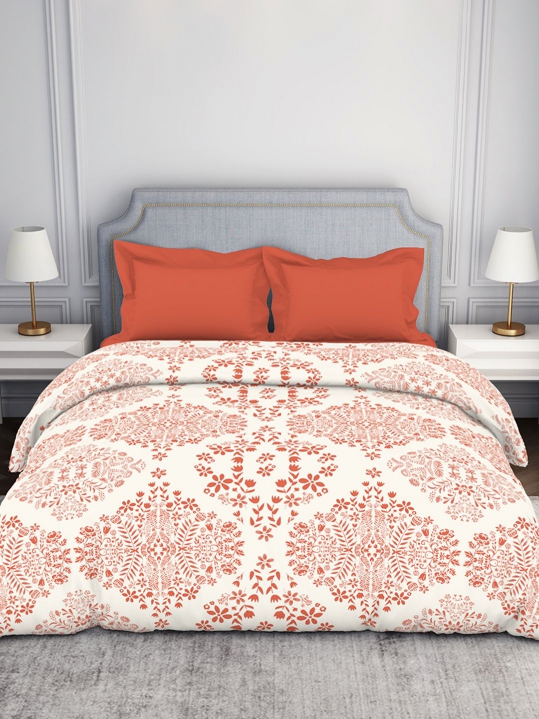 

SPACES Coral & Cream-Coloured Ethnic Motifs Printed 144 TC Cotton Double Bed Comforter