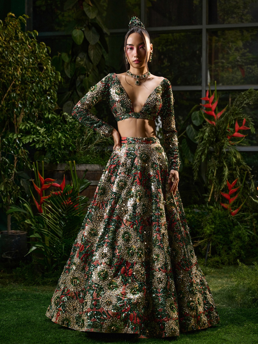 

Payal & Zinal Printed Sequinned Ready to Wear Lehenga, Green