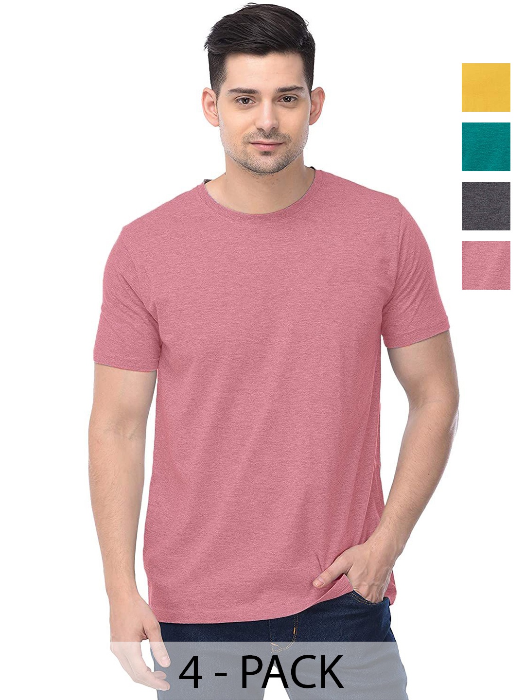 

COLOR CAPITAL Unisex Pack Of 4 Solid Round Neck Cotton T-shirts, Pink