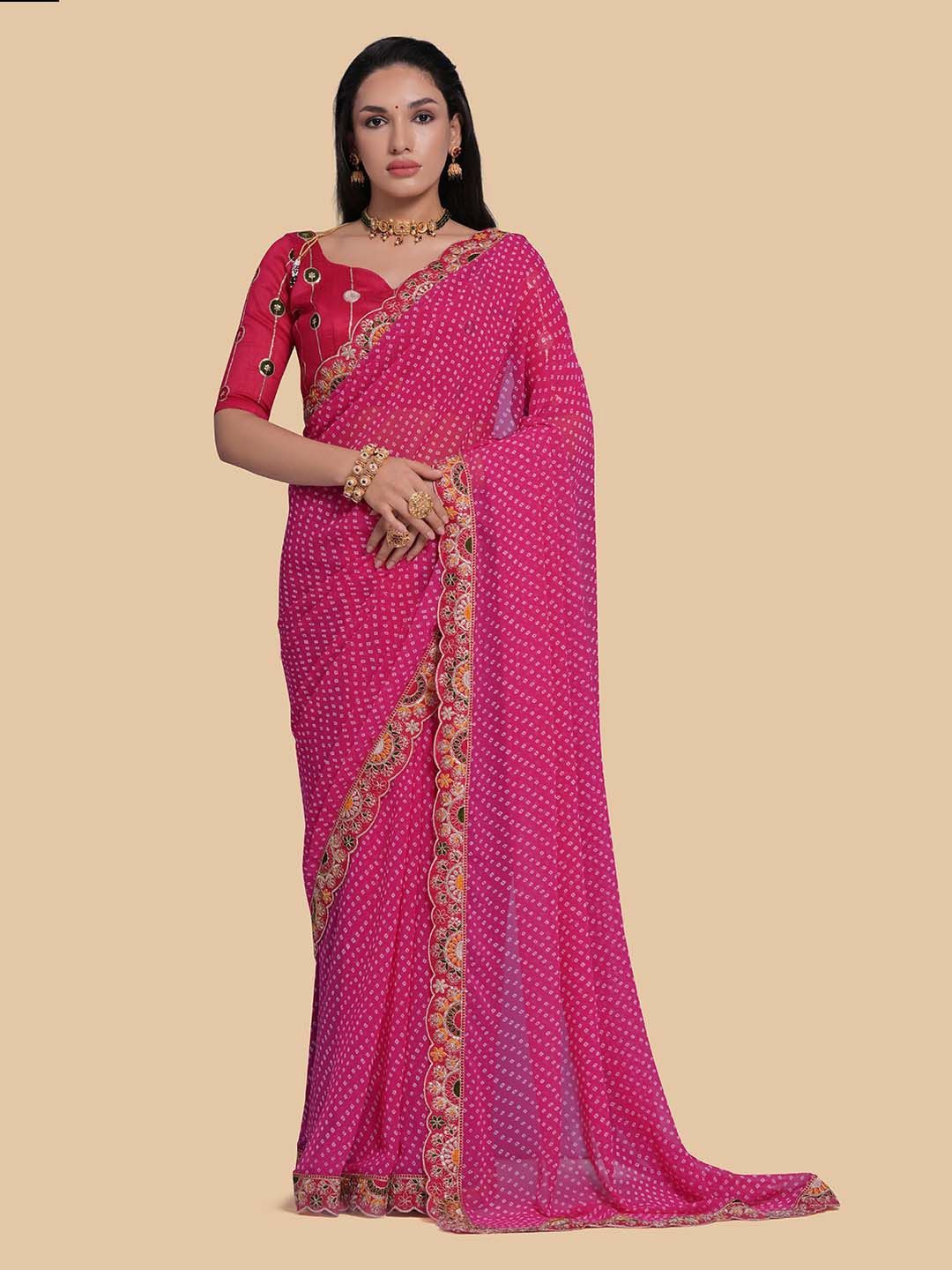 

Likha Bandhani Embroidered Bandhani Saree, Pink