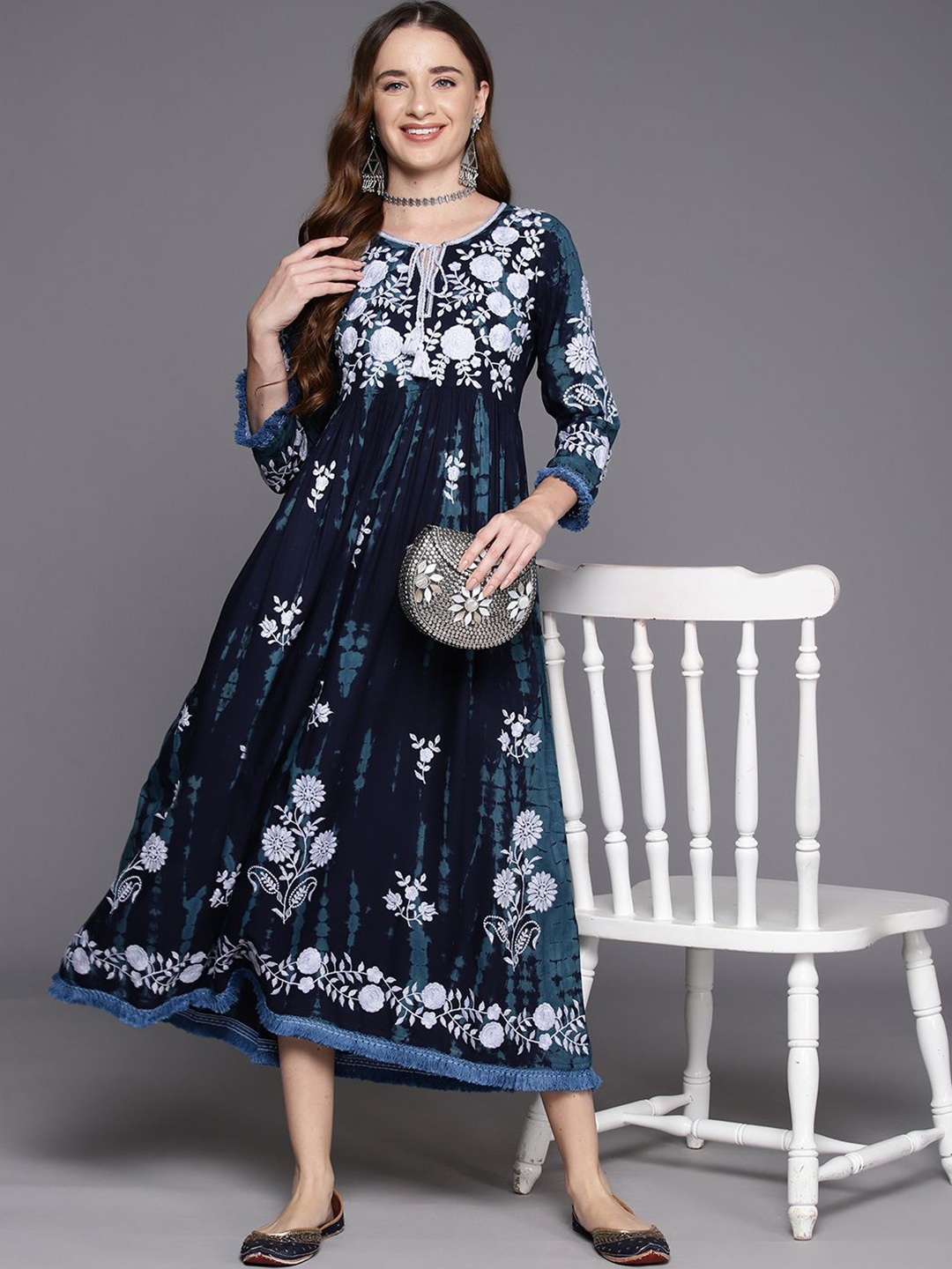 

Indo Era Tie and Dye Embroidered Tie-Up Neck A-Line Midi Dress, Blue