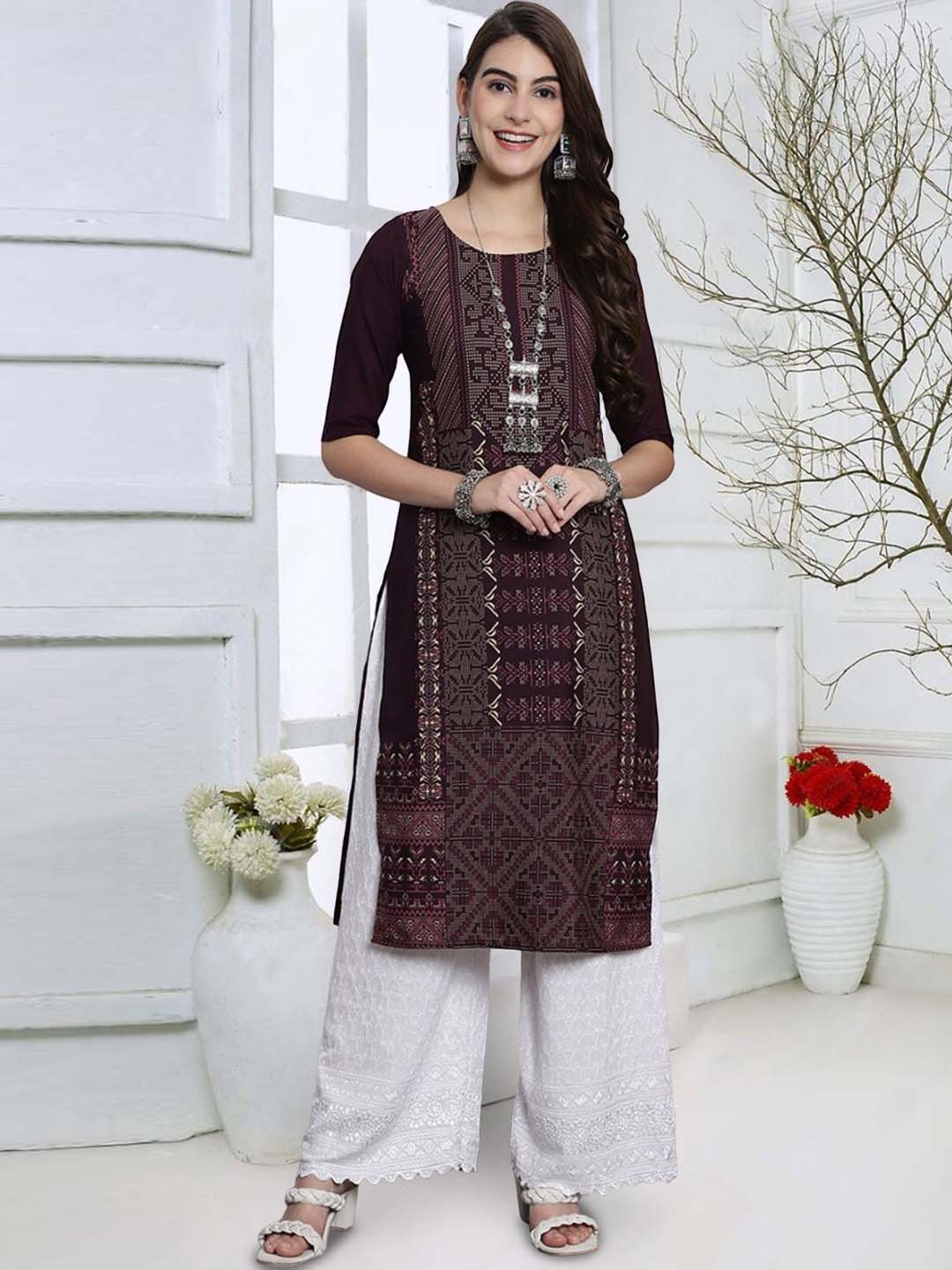 

7Threads Geometric Printed Round Neck Straight Kurta, Black