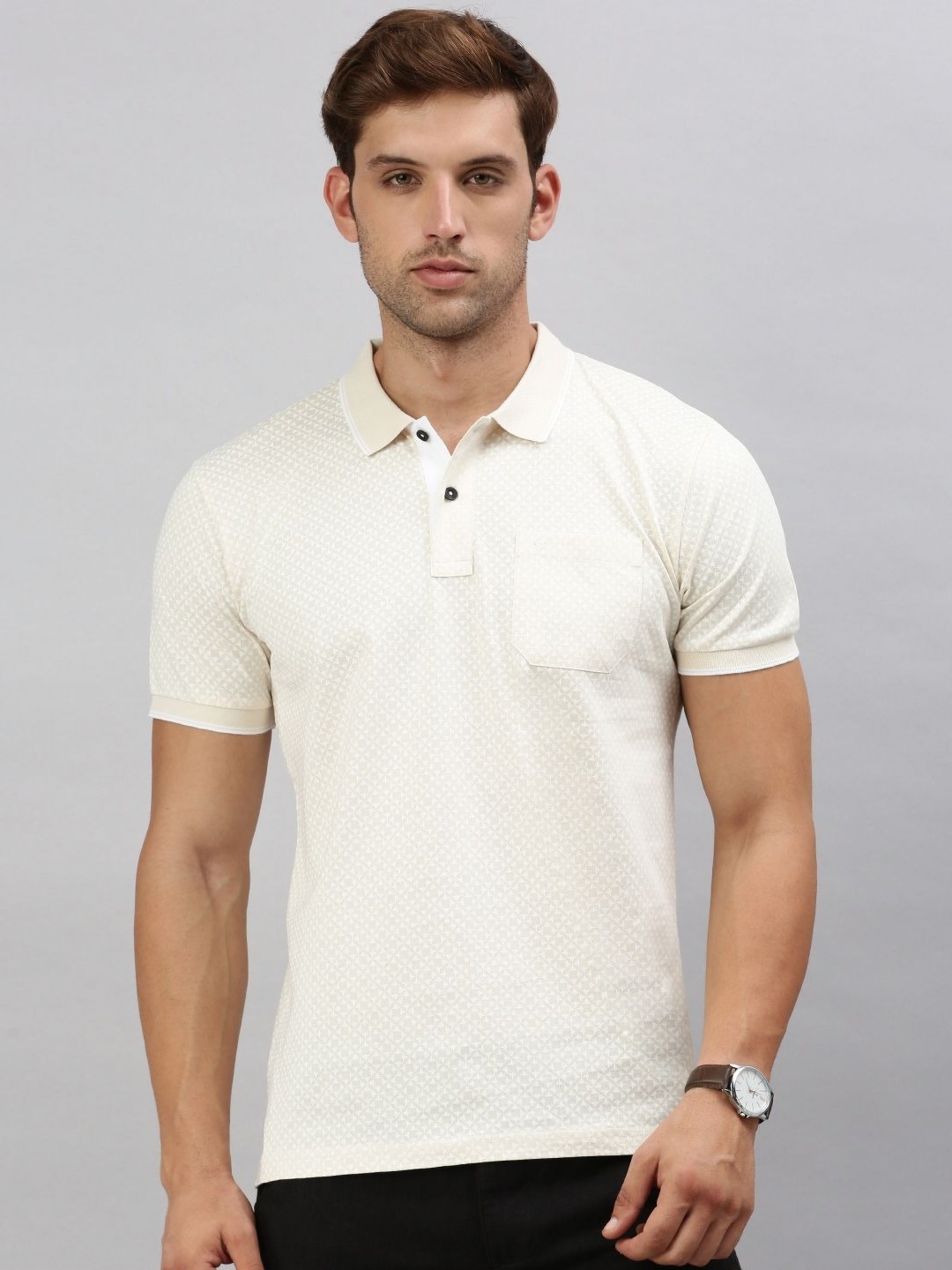 

Classic Polo Men Abstract Printed Polo Collar Cotton Slim Fit T-shirt, Beige