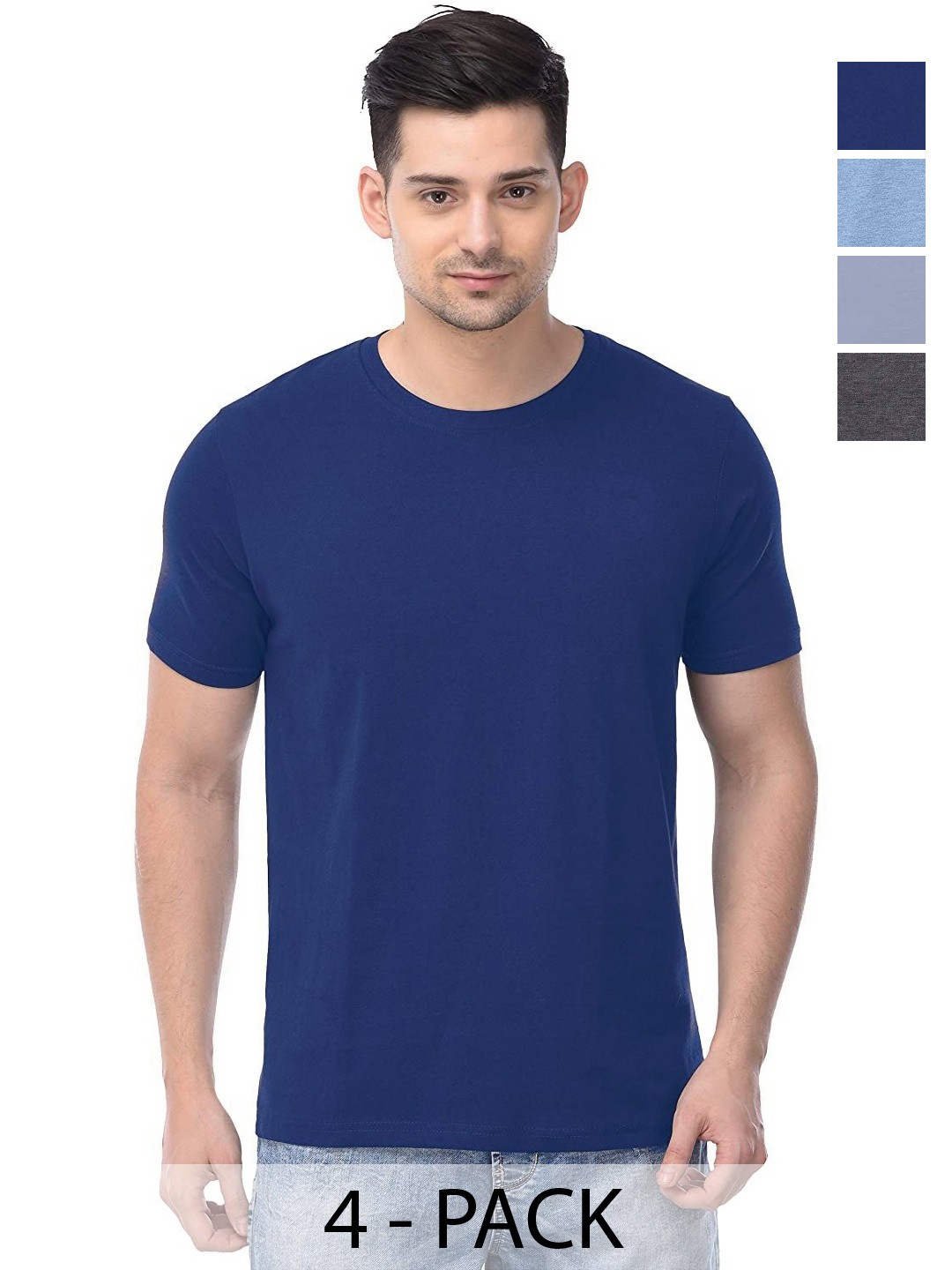 

COLOR CAPITAL Unisex Pack Of 4 Solid Round Neck Cotton T-shirts, Navy blue