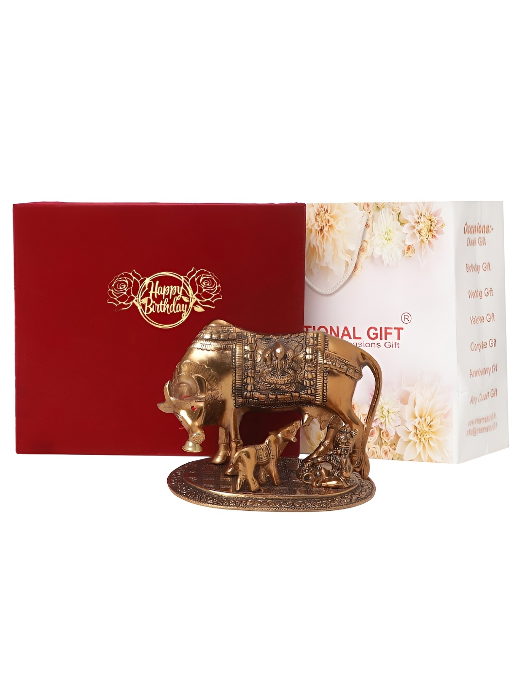 

INTERNATIONAL GIFT Copper Toned Kamdhenu Cow Showpiece & Happy Birthday Tag & Velvet Box