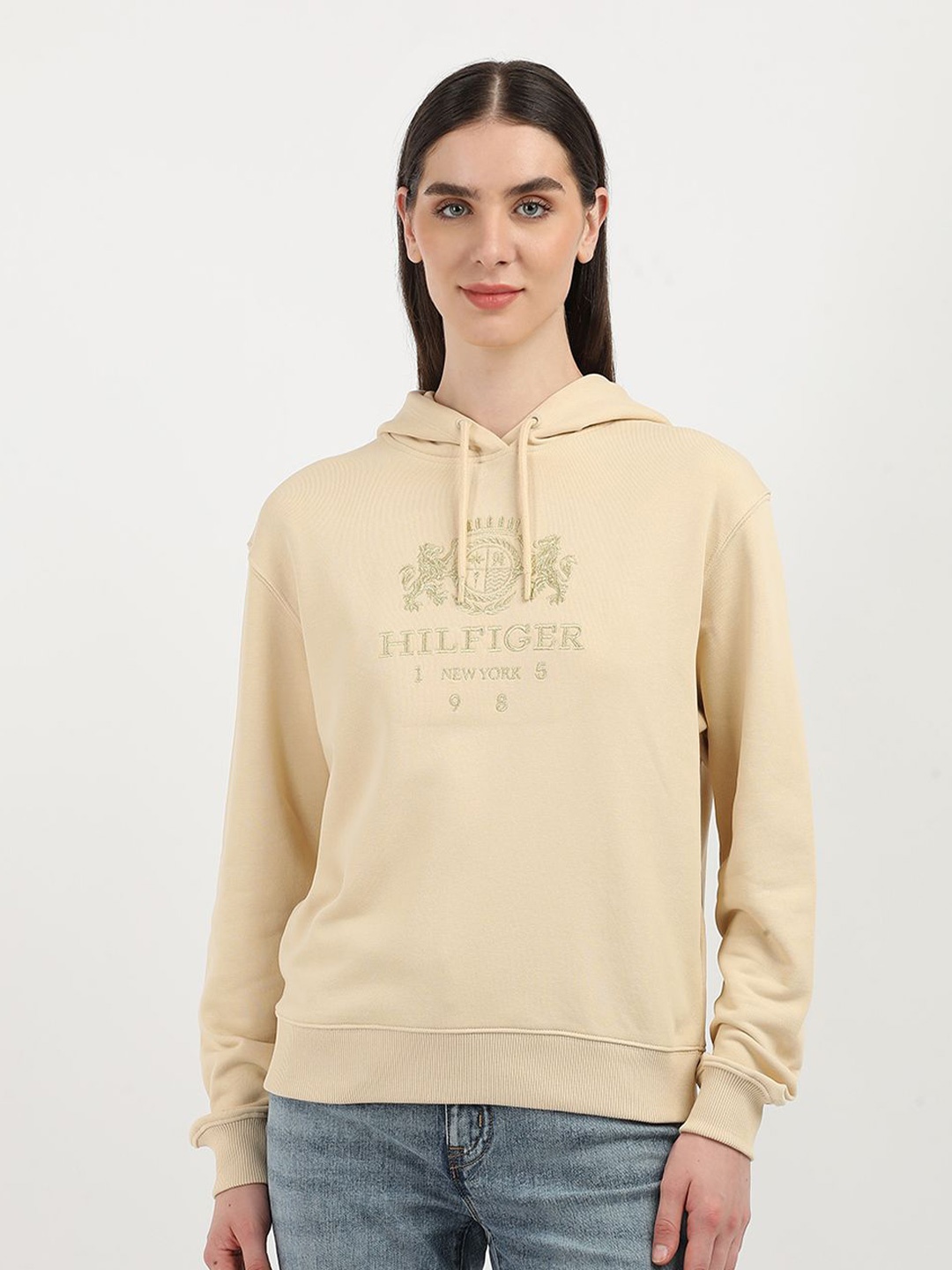 

Tommy Hilfiger Women Embroidered Typography Printed Hooded Sweatshirt, Beige