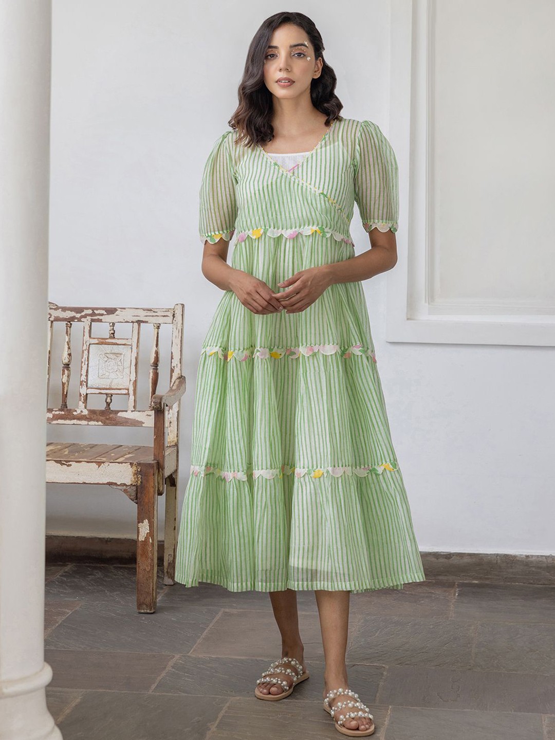 

The Yellow Bow Striped Puff Sleeves Empire Midi Dress, Sea green