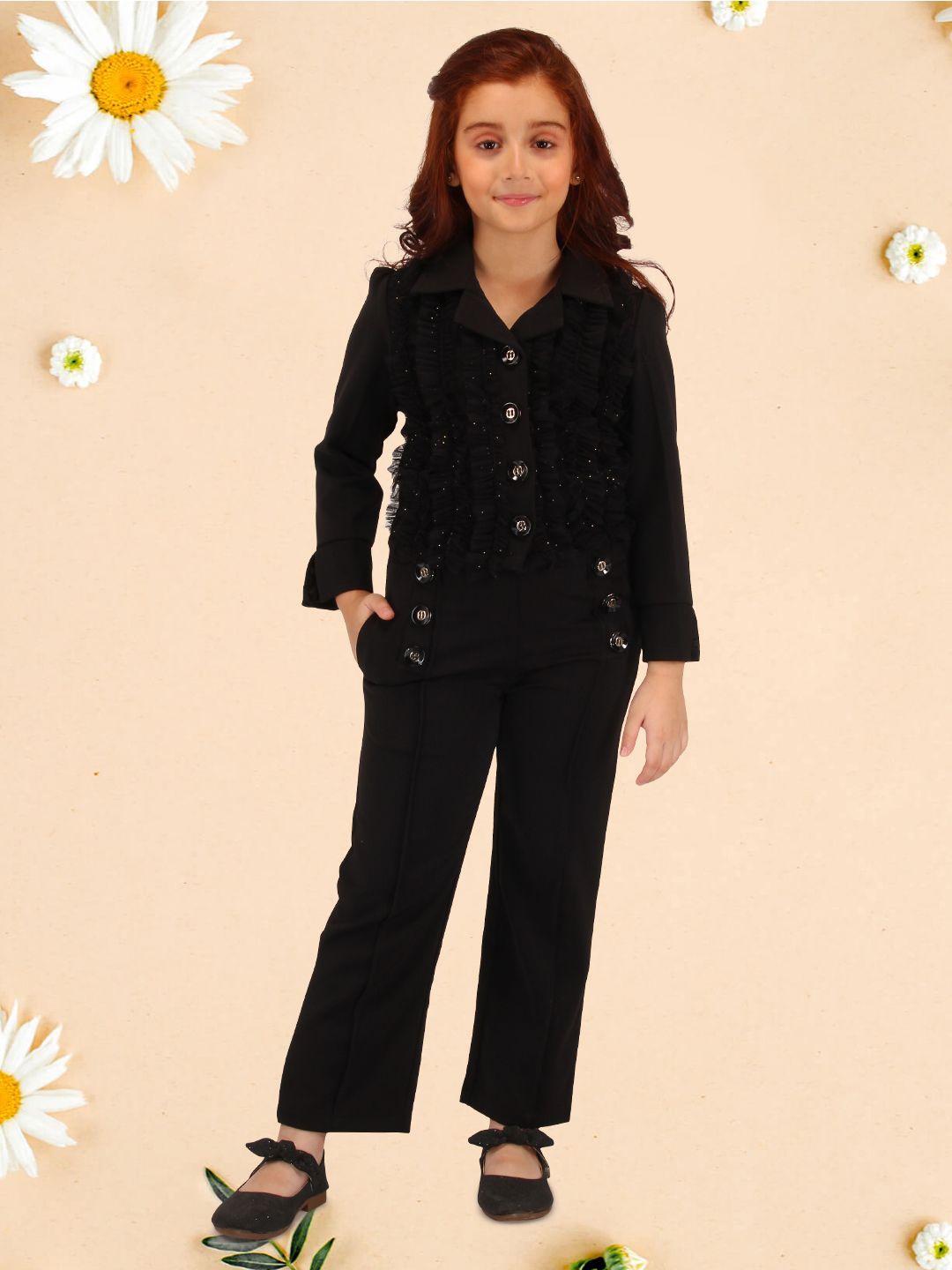 

CUTECUMBER Girls Embellished Shirt with Trousers, Black