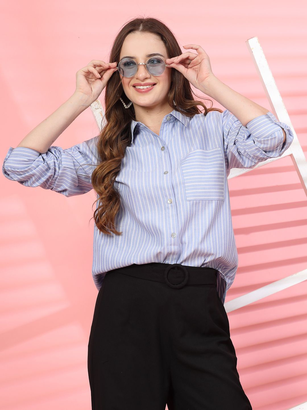 

EVERYDAY by ANI Women Original Spread Collar Striped Cotton Tailored Fit Casual Shirt, Blue