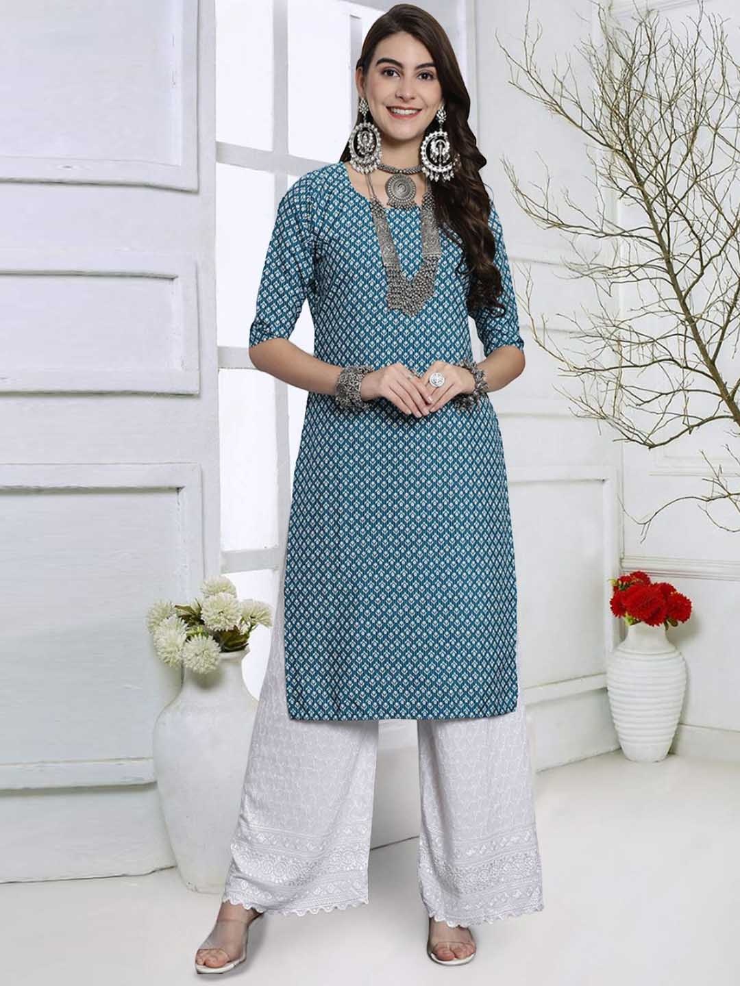 

7Threads Ethnic Motifs Printed Round Neck Straight Kurta, Blue