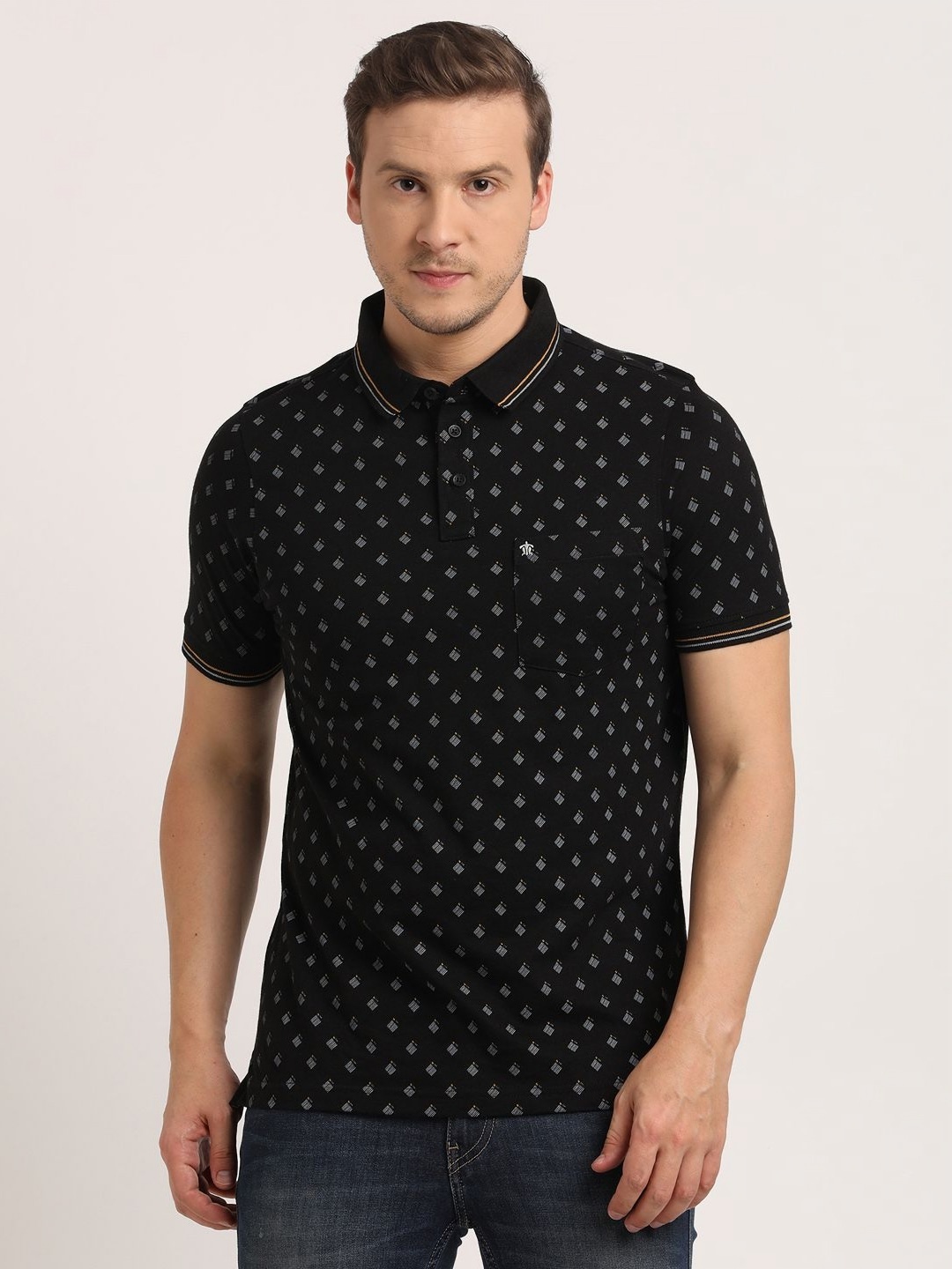 

Turtle Men Conversational Printed Polo Collar Pure Cotton Slim Fit T-shirt, Black