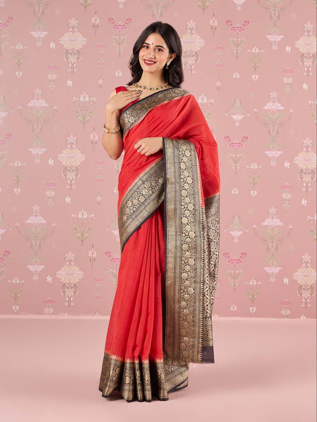 

Likha Woven Solid Korner Cotton Antique Zari Border Saree with Unstitched Blouse, Red