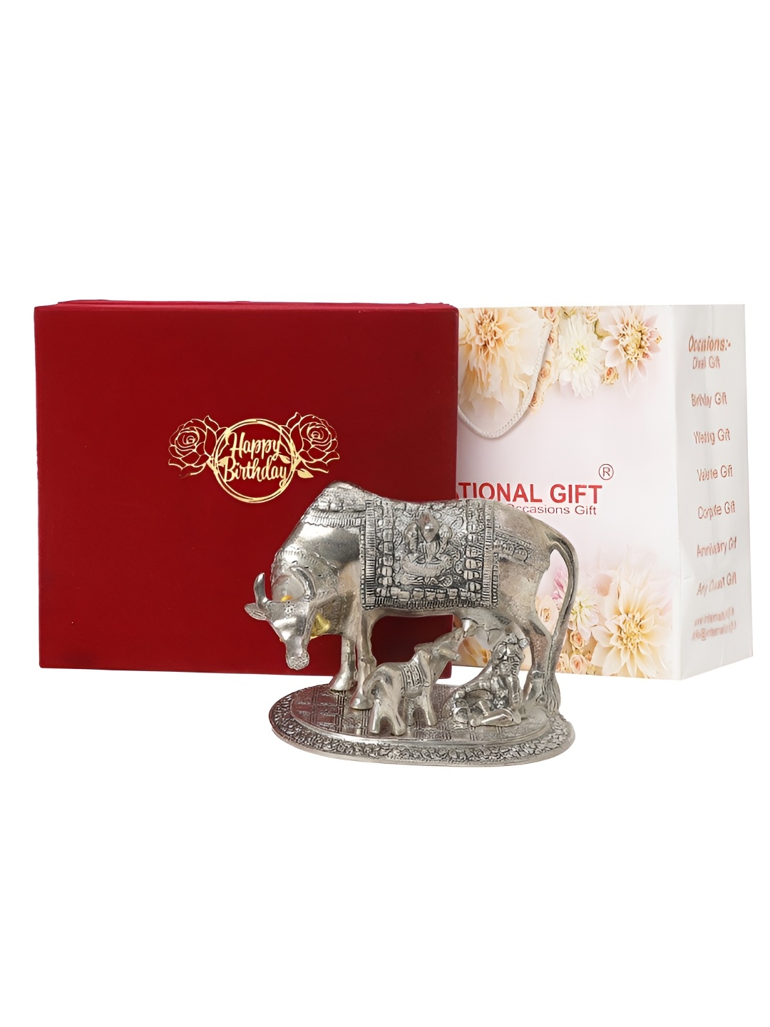 

INTERNATIONAL GIFT Silver Kamdhenu Cow Statue With Happy Birthday Tag & Velvet Box