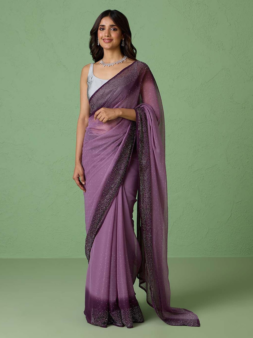 

Likha Embellished Beads and Stones Pure Chiffon Saree, Purple
