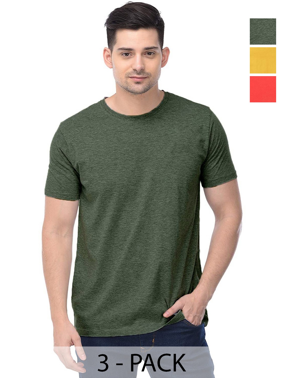 

COLOR CAPITAL Unisex Pack Of 3 Solid Round Neck Cotton T-shirts, Green