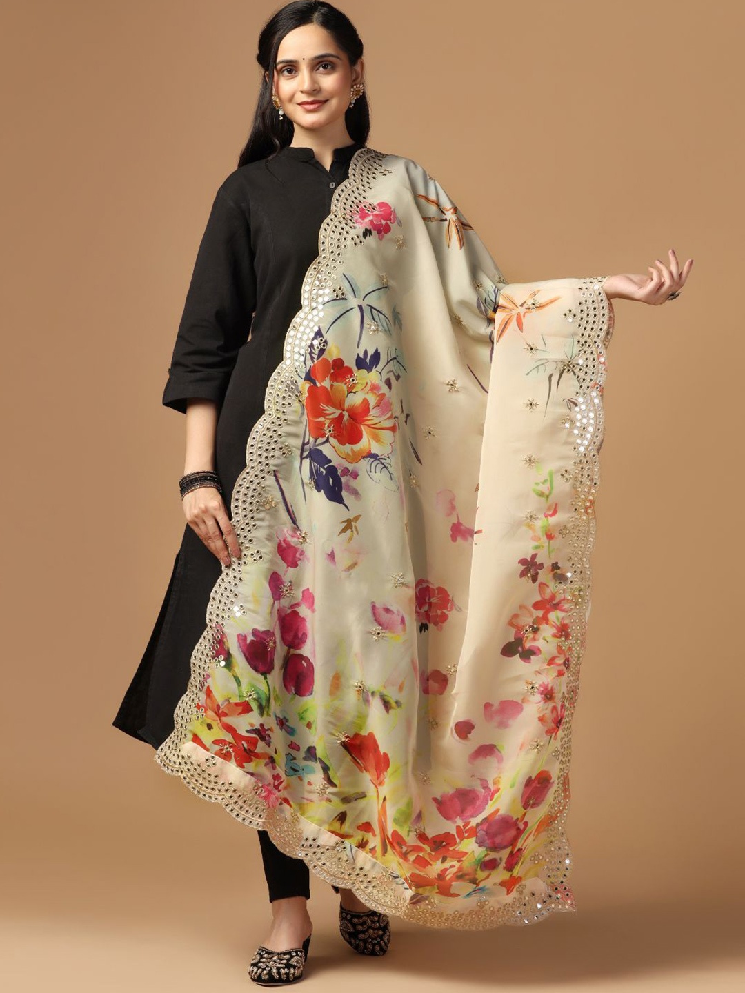 

Kaizen TEXO FAB Floral Printed Mirror Work Organza Dupatta, Yellow