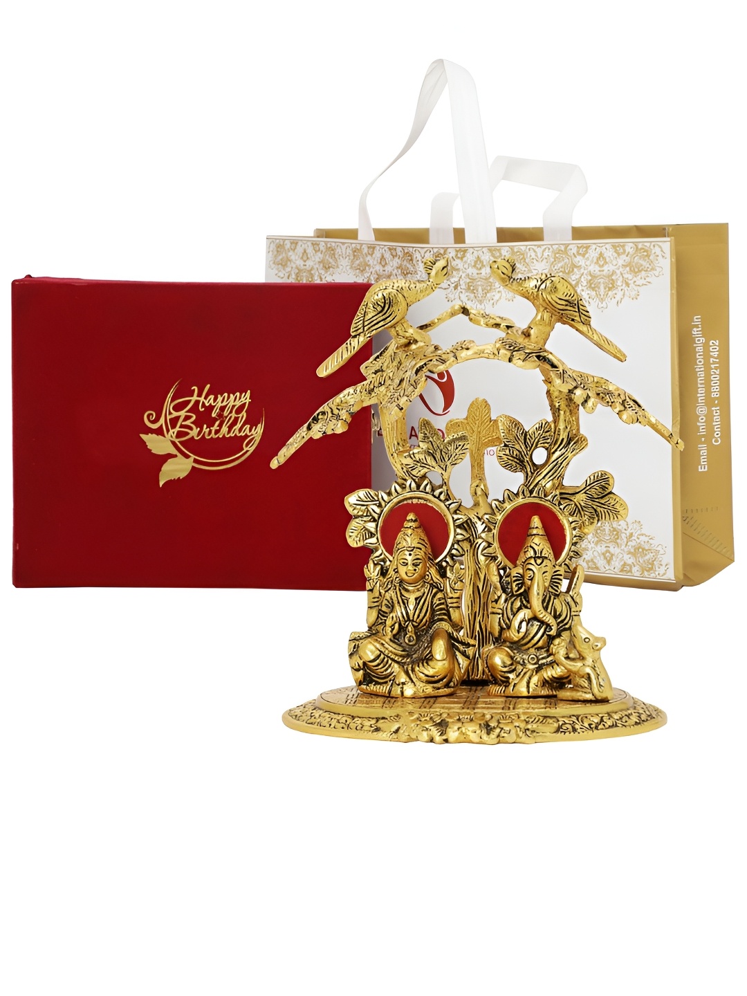 

INTERNATIONAL GIFT Golden Lakshmi Ganesh Idol with Happy Birthday Tag & Velvet Box, Gold