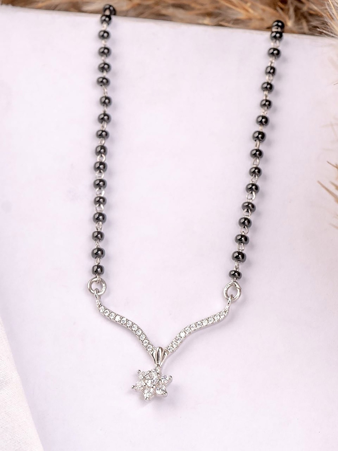 

STERLYN Rhodium-Plated Artificial Stones and Beads Mangalsutra, Silver