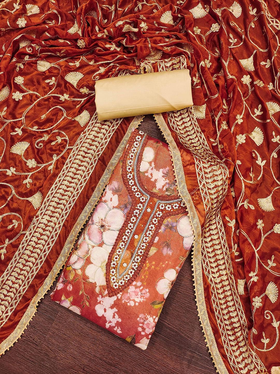 

KIMISHA Embellished Unstitched Dress Material, Rust