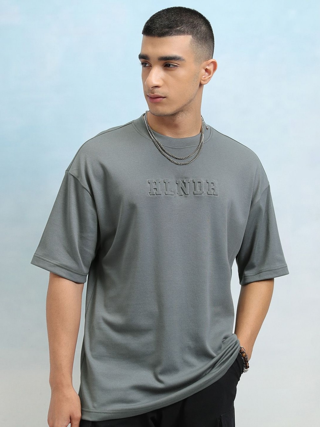 

HIGHLANDER Men Solid Round Neck Cotton Oversized Sports T-Shirt, Grey