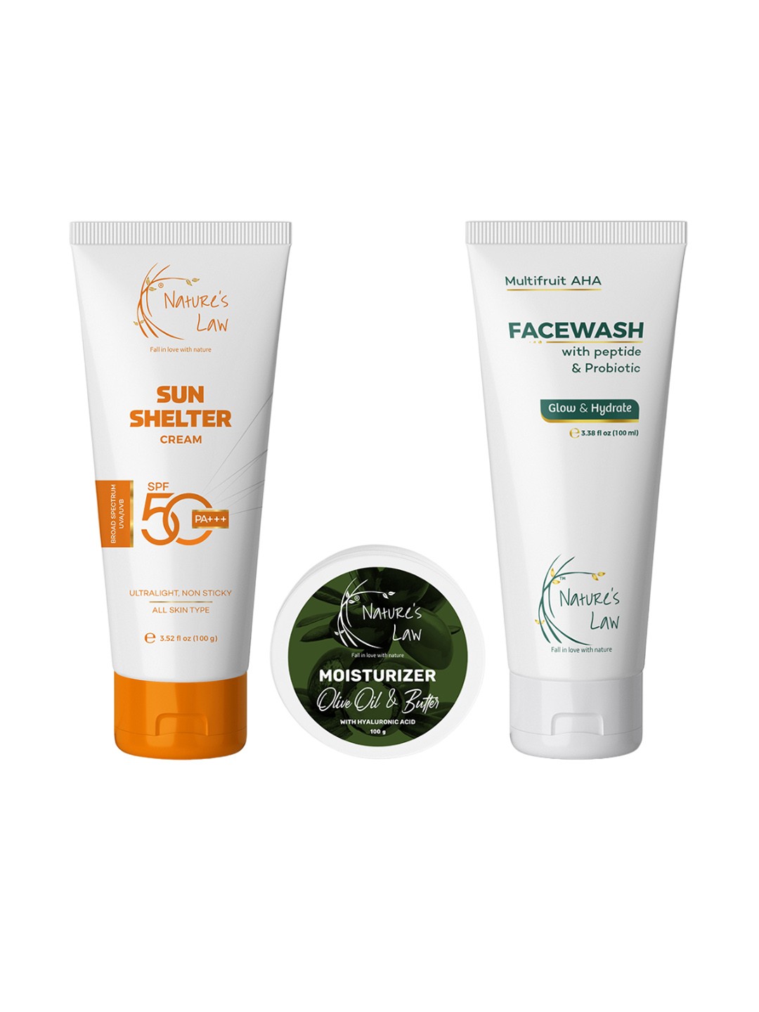 

Nature's Law Set Of 3 Face Wash, Moisturizer Cream & Sun Shelter Cream Combo, White