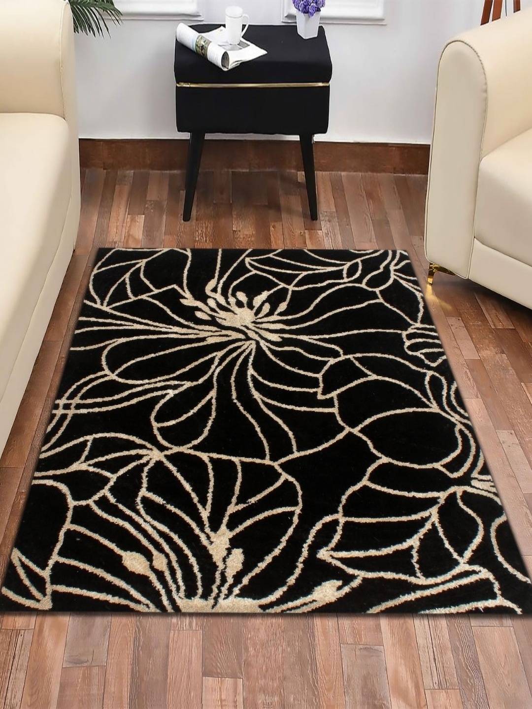 

MULTITEX Black and Beige Floral Anti-Skid Contemporary Carpet