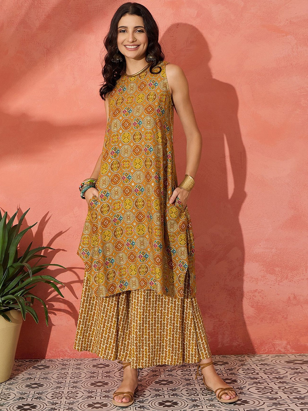 

InWeave Women Printed Regular Kurta with Palazzos, Mustard