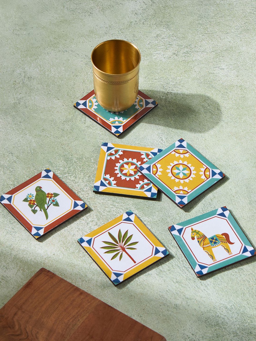 

Chumbak Green & Yellow 6 Pieces Printed Wooden Coasters