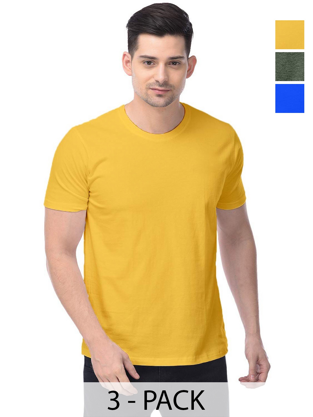 

COLOR CAPITAL Unisex Pack Of 3 Solid Round Neck Cotton T-shirts, Yellow