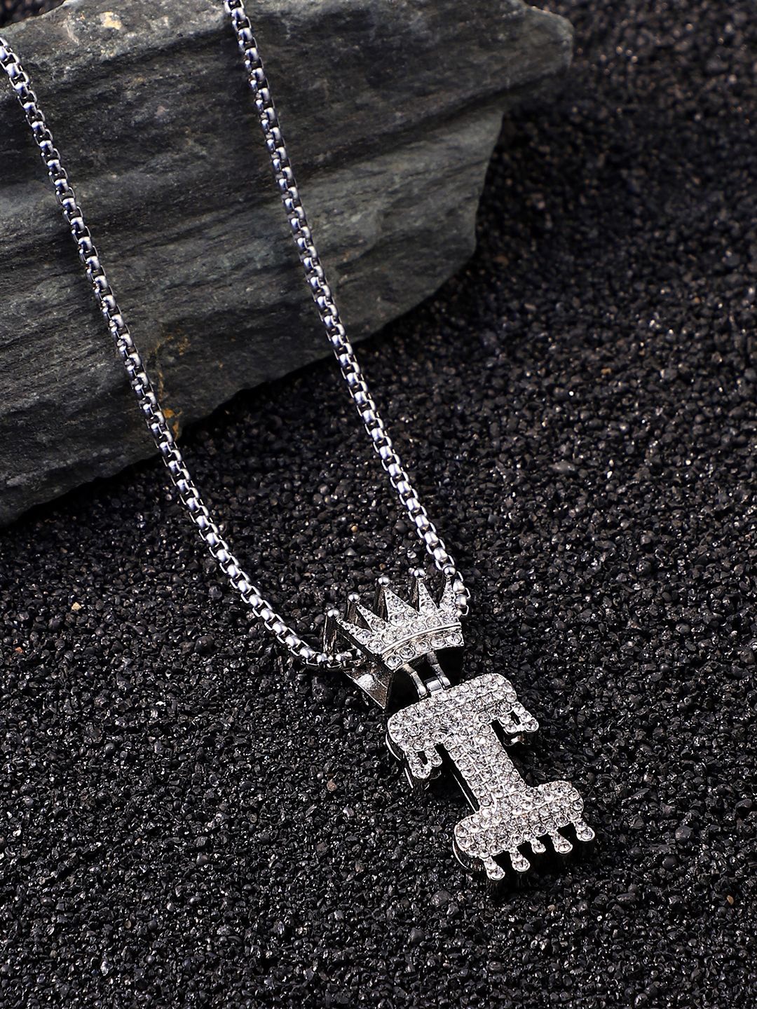 

French Accent Men Silver-Plated Stone Studded Drip Alphabet-I Pendant With Chain
