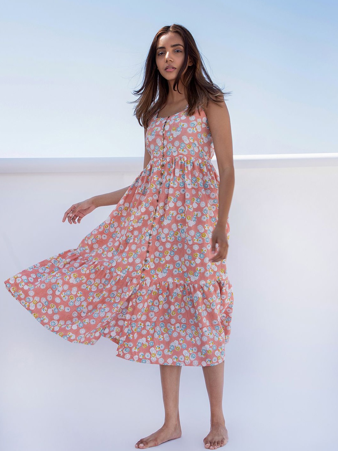 

The Yellow Bow Floral Printed Cotton Fit and Flare Midi Dress, Peach