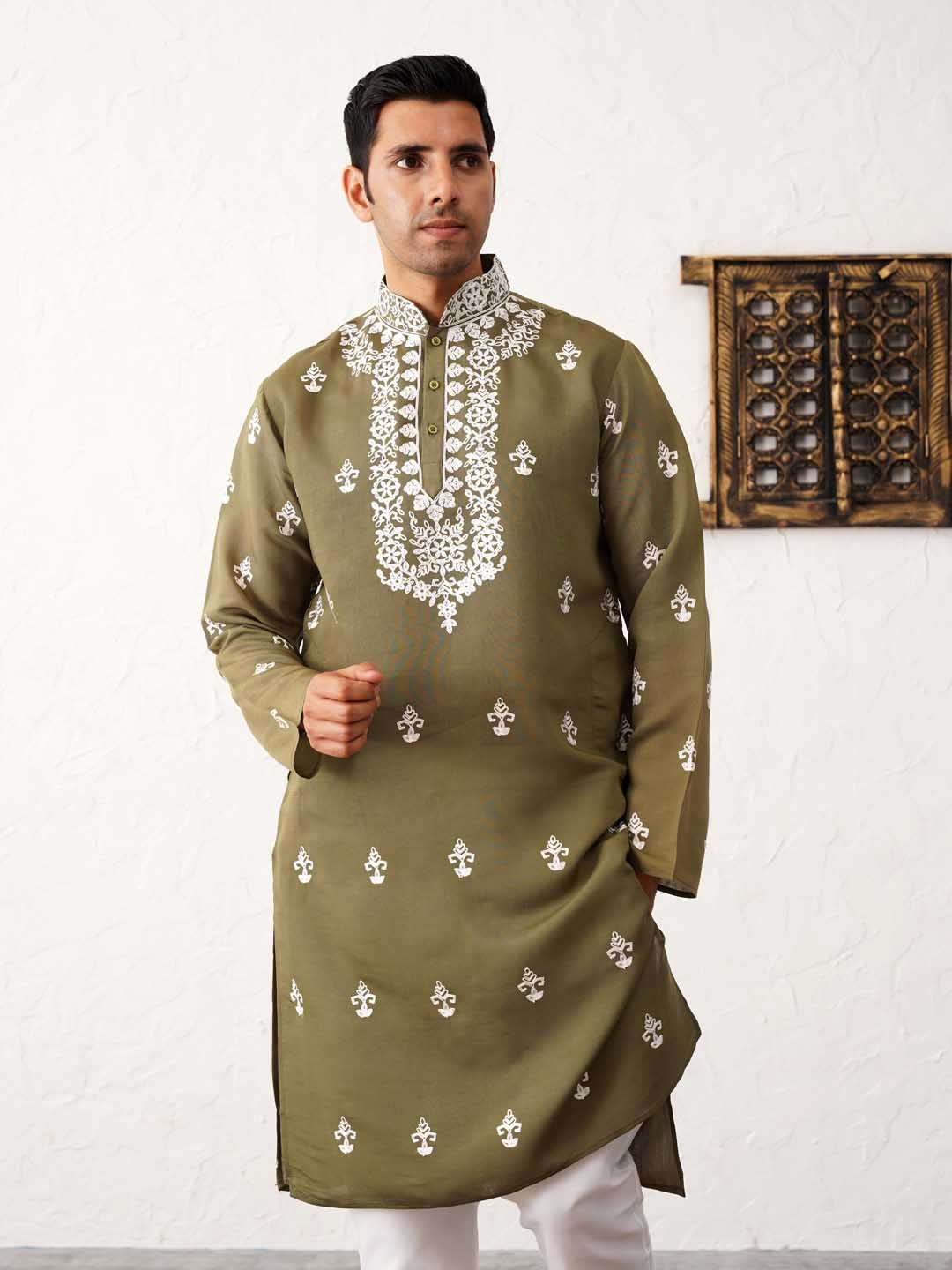 

Jompers Floral Embroidered Mandarin Collar Chikankari Straight Kurta with Pyjamas, Olive