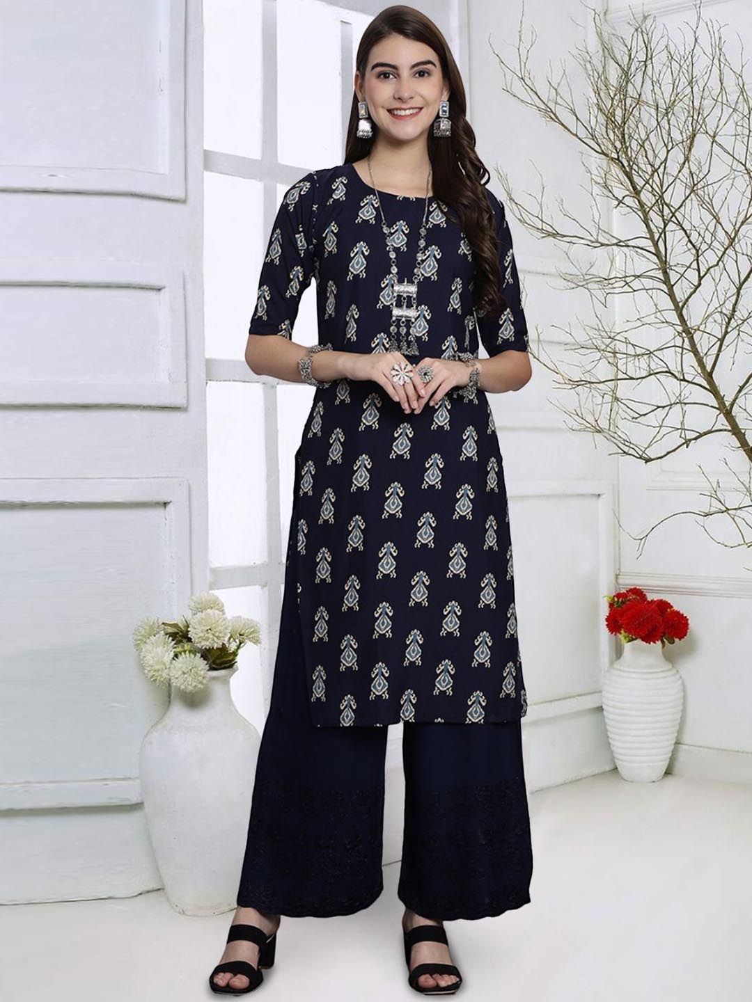 

7Threads Ethnic Motifs Printed Round Neck Straight Kurta, Navy blue
