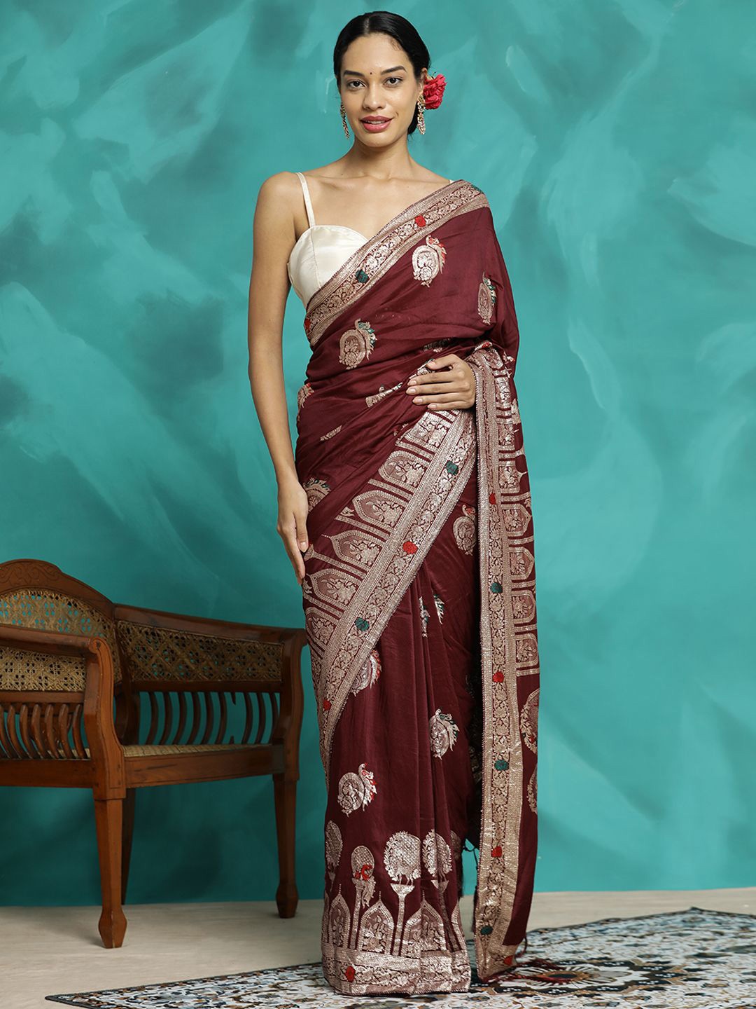 

Jaipur Kurti Festive Zari Woven Heavy Banarasi Saree, Maroon