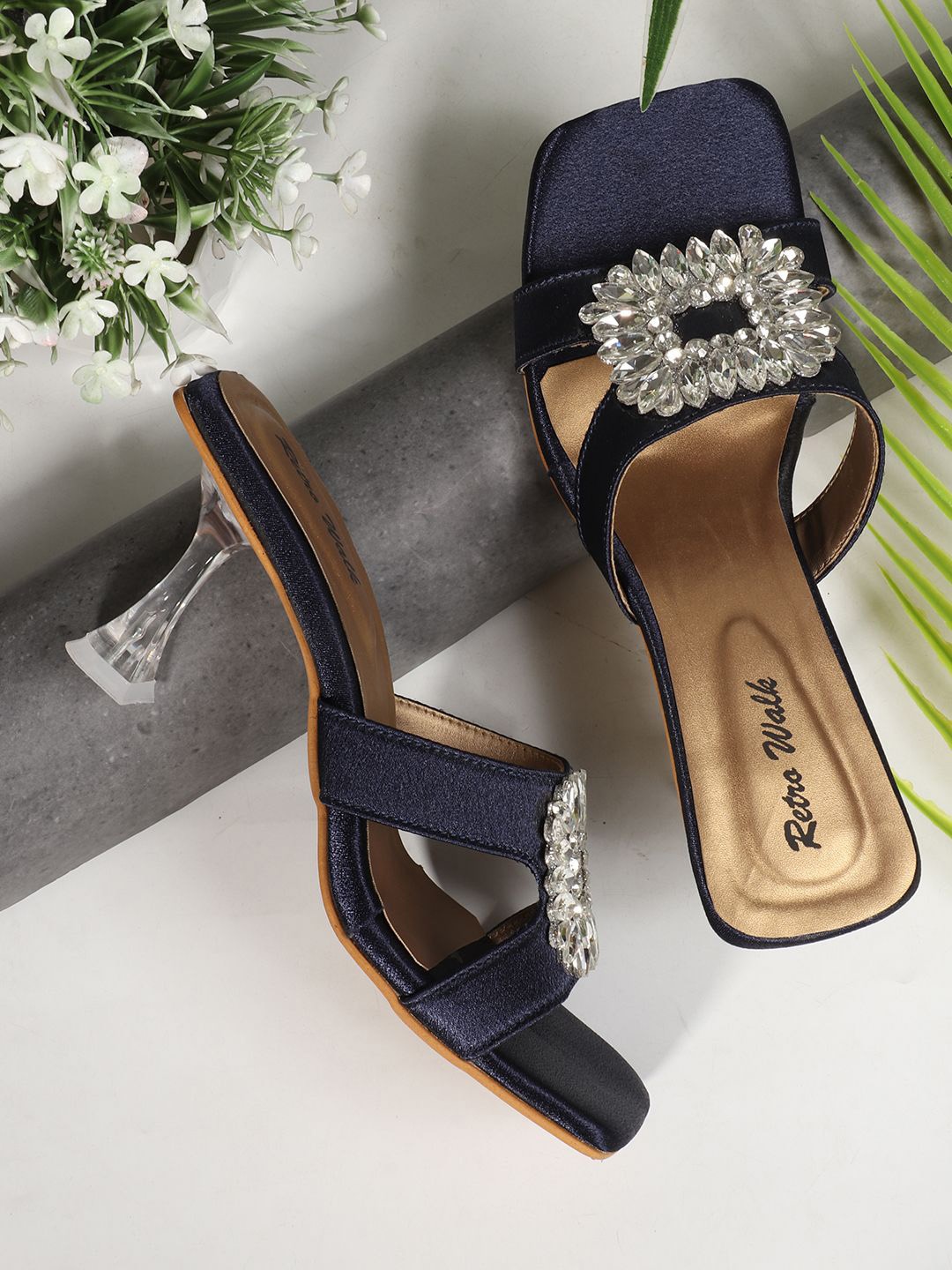

Retro Walk Embellished Block Sandals, Navy blue