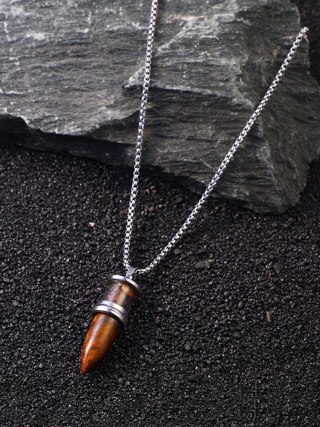

French Accent Men Silver-Plated Crystal Pendant With Chain, Brown