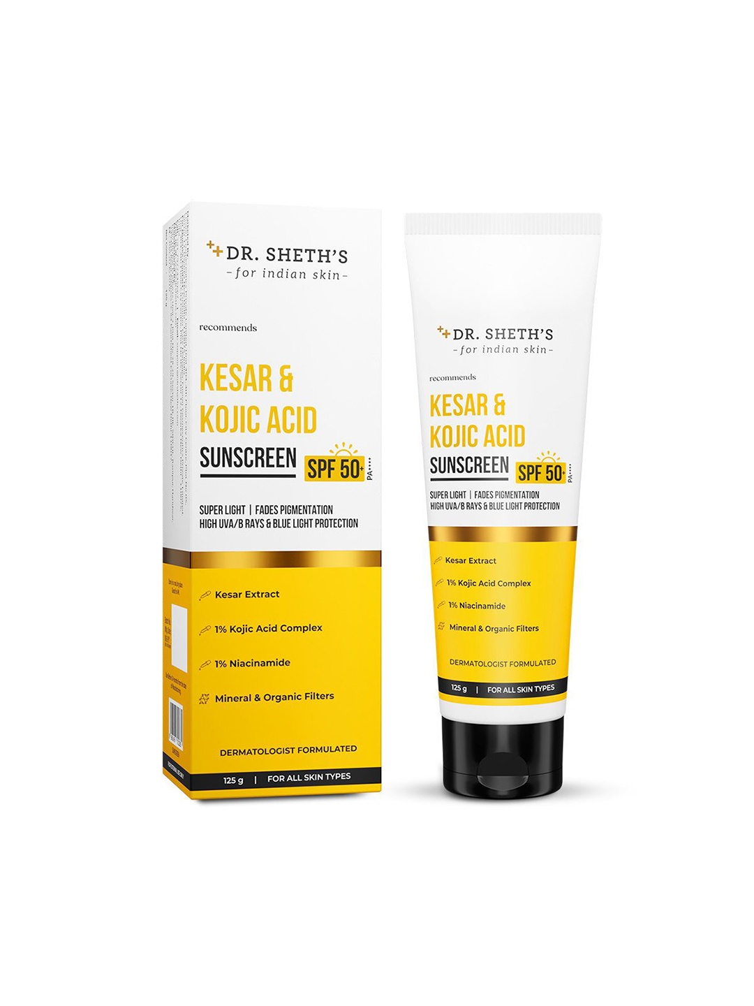 

DR. SHETHS Kesar & Kojic Acid With Mineral Oils Sunscreen SPF50+ PA++++ 125g, White