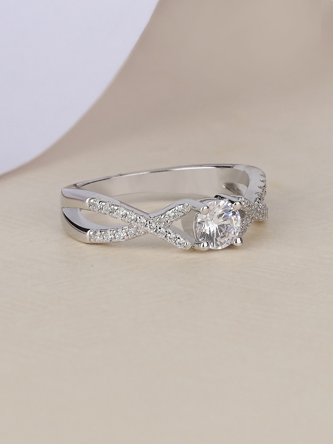

Ornate Jewels 925 Sterling Silver Rhodium Plated AD Studded Solitaire Promise Finger Ring