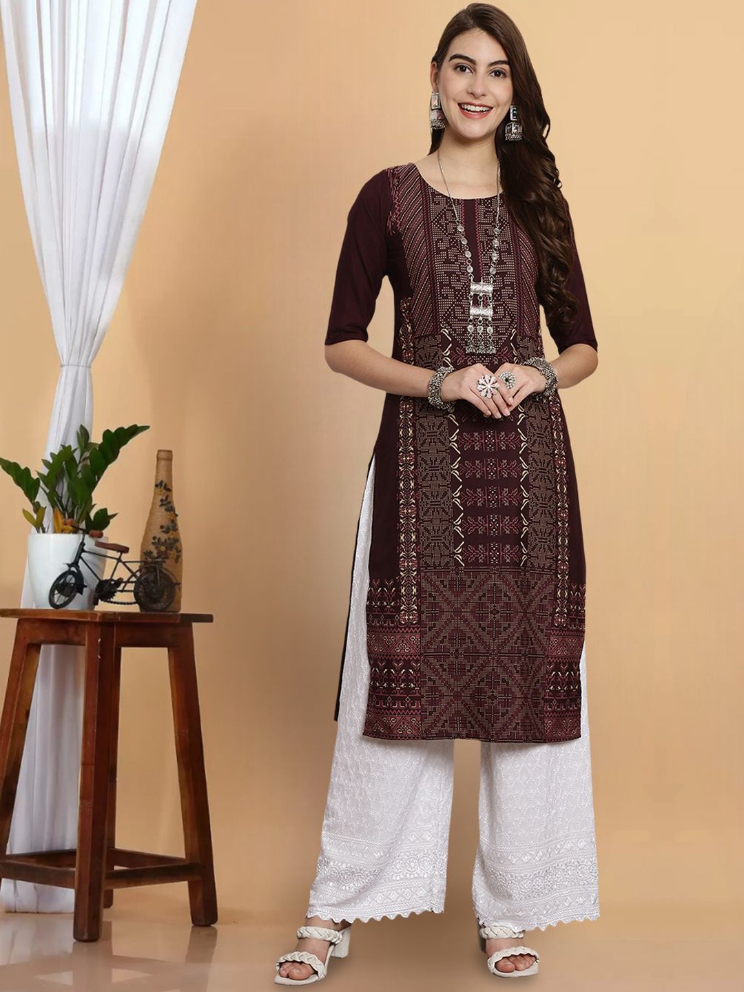 

7Threads Abstract Printed Straight Kurta, Brown