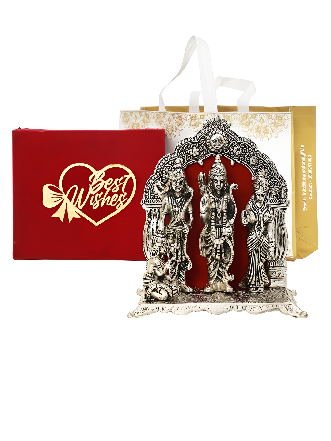 

INTERNATIONAL GIFT Silver Toned Ram Darbar Idol Metal Showpiece With Velvet Box & Bag