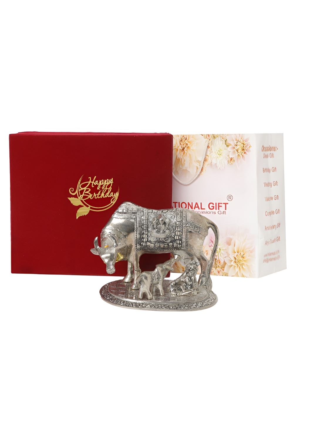 

INTERNATIONAL GIFT Kamdhenu Cow Religious Showpiece With Happy Birthday Tag & Velvet Box, Silver