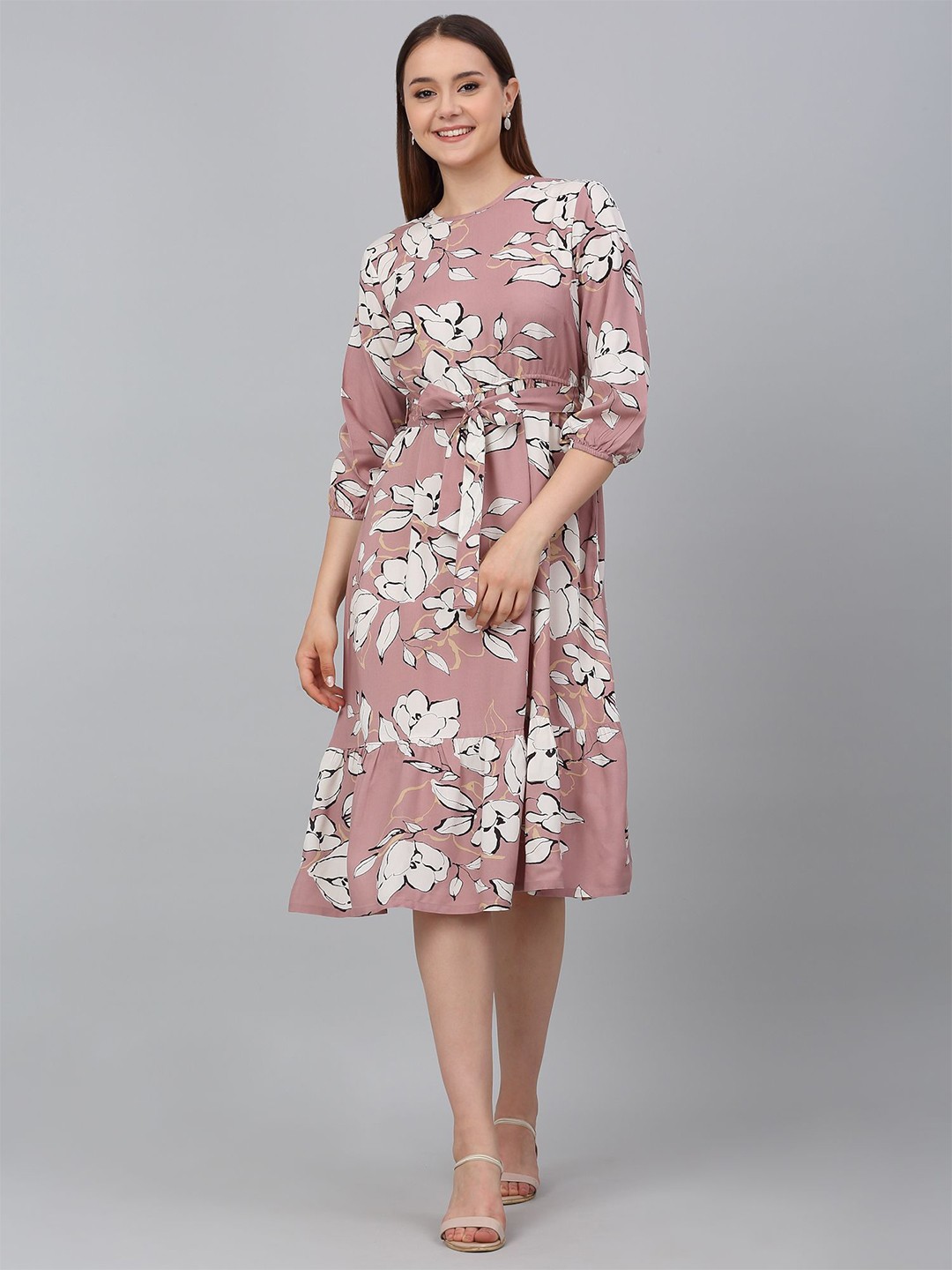 

Cantabil Floral Print Puff Sleeve A-Line Midi Dress, Pink