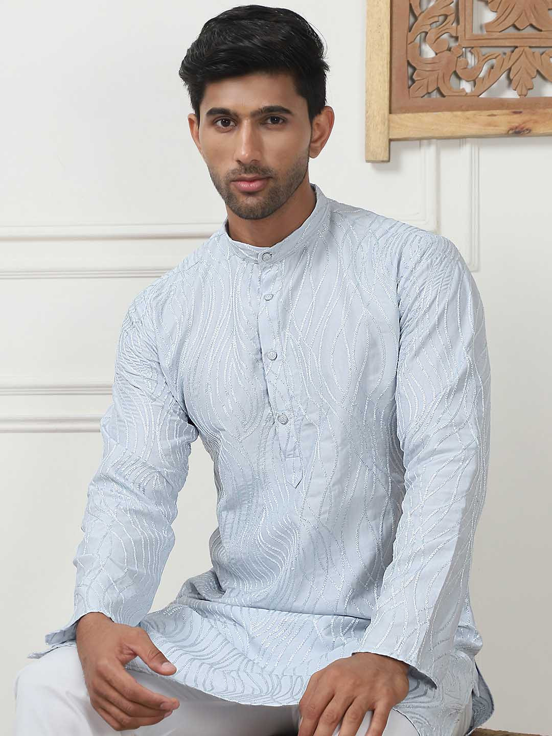 

Jompers Leheriya Embroidered Straight Chikankari Kurta with Pyjamas, Blue