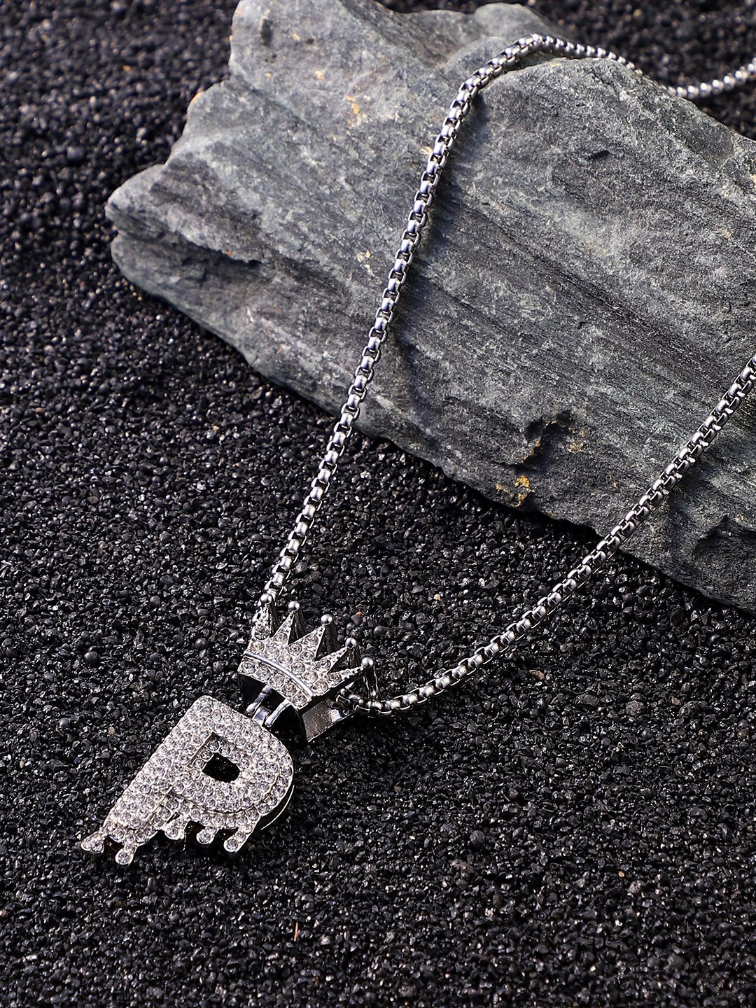 

French Accent Men Silver-Plated Stone Studded Drip Alphabet P Pendant With Chain