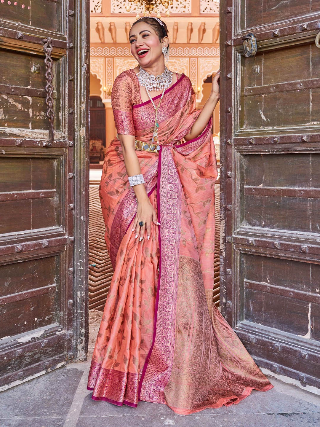 

Krimmple Woven Design Zari Saree, Peach